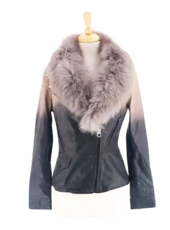 FAUX FUR COLLAR PLEATHER JACKET sold by FBO