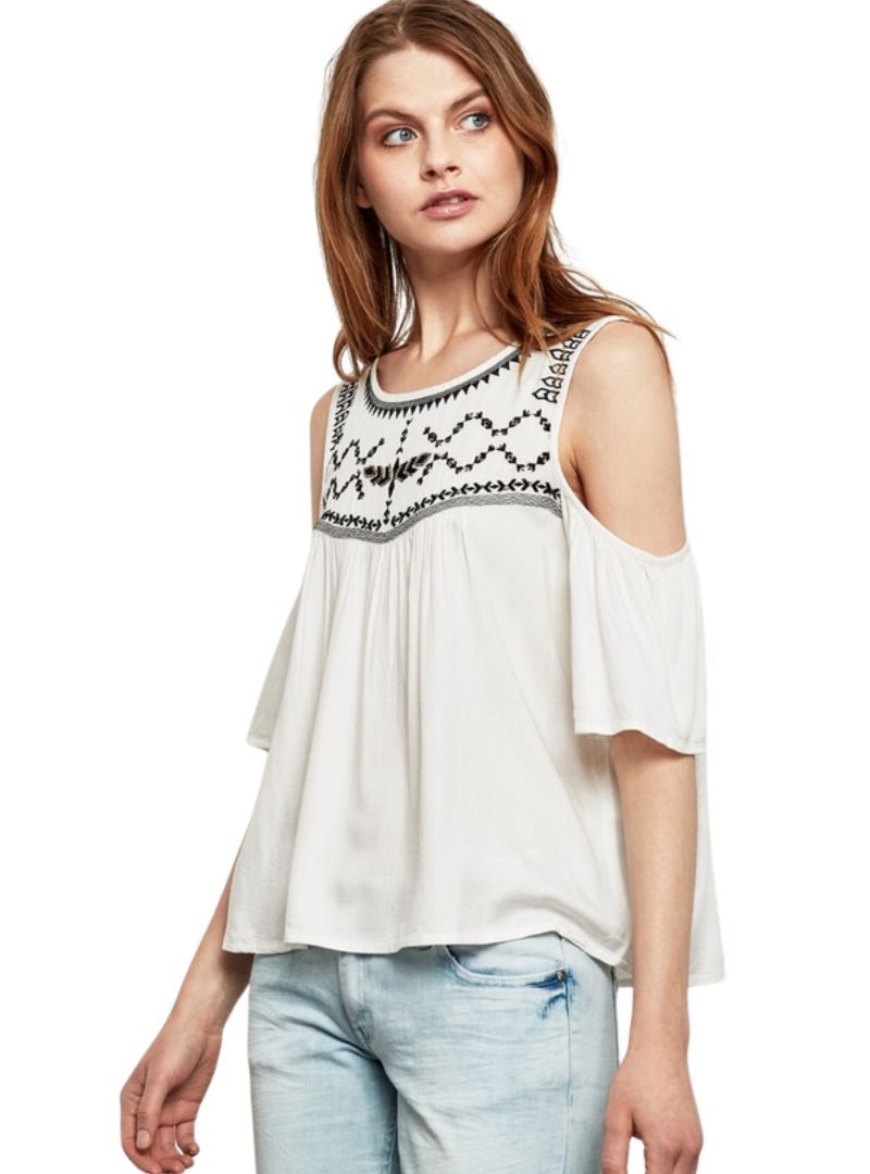 PATTERNED DETAILED OPEN SHOULDER BLOUSE sold by FBO