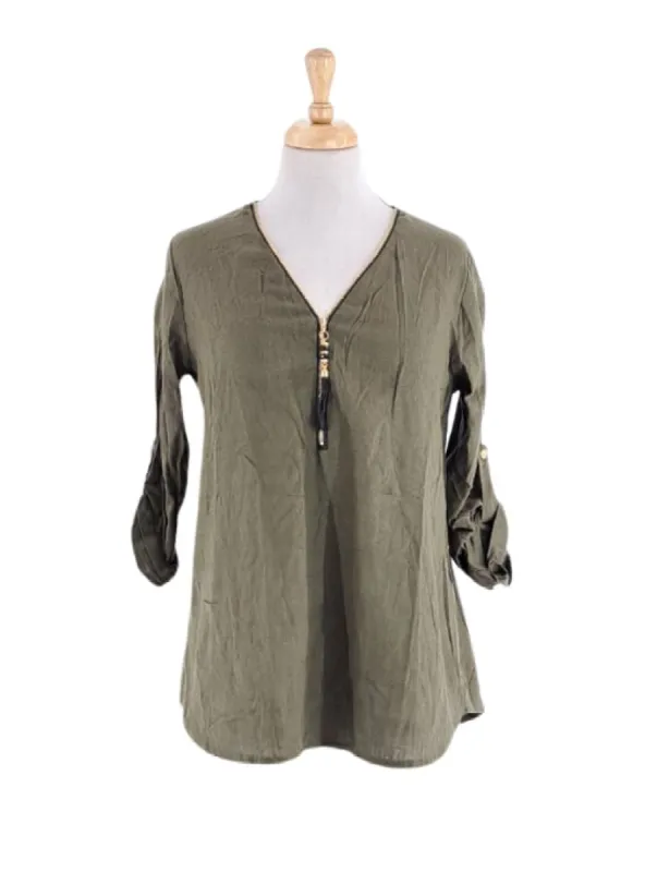 LINEN FEEL ZIP UP BLOUSE sold by FBO