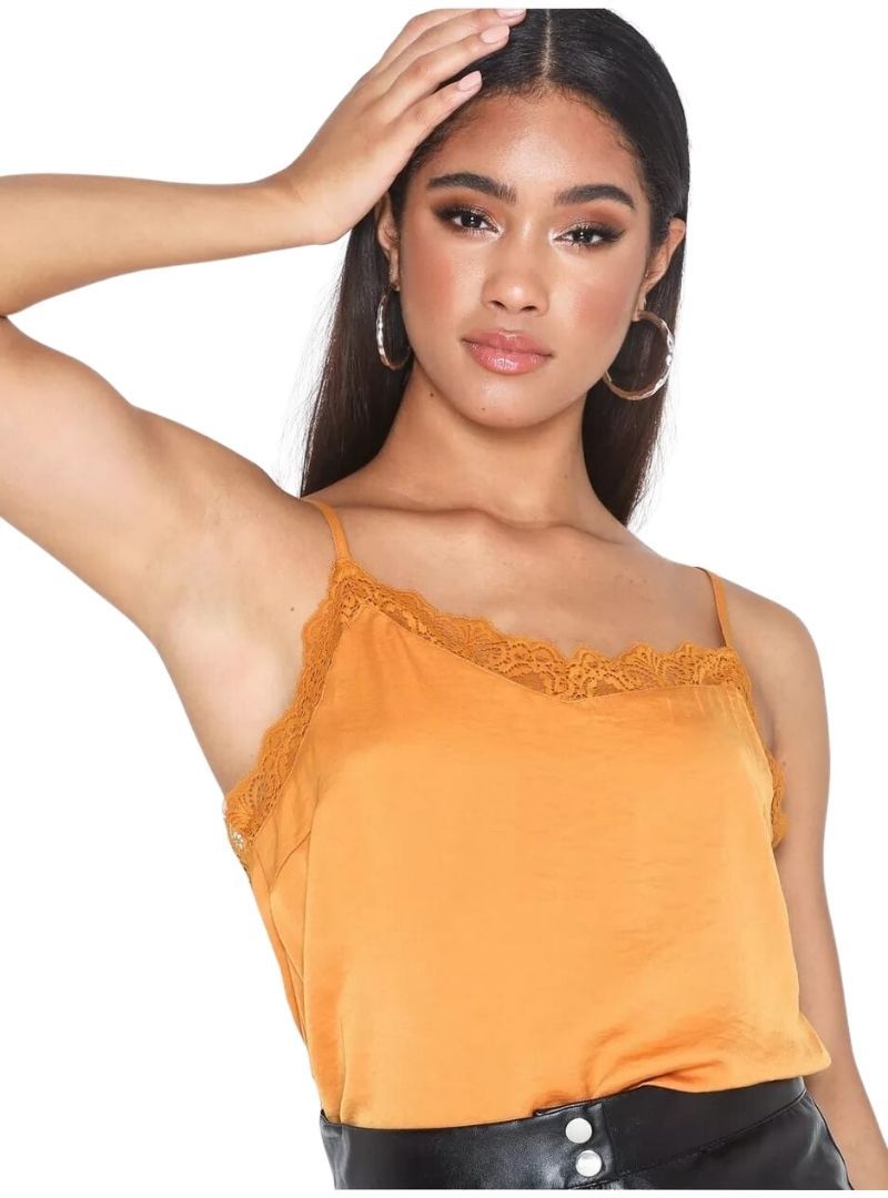SATIN LACE TRIM CAMI TOP sold by FBO