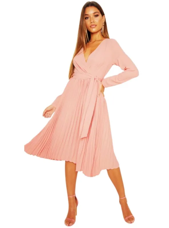 PLEATED V NECK DRESS sold by FBO