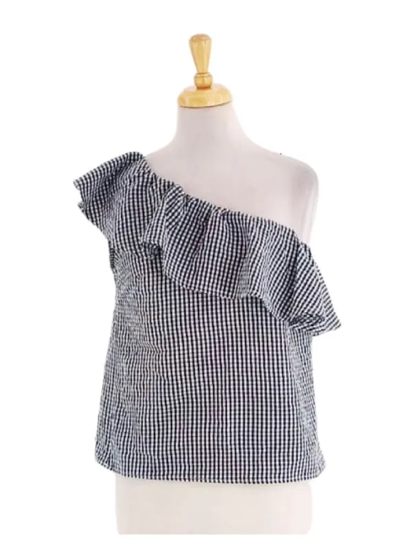 ONE SHOULDER CHECK BLOUSE sold by FBO