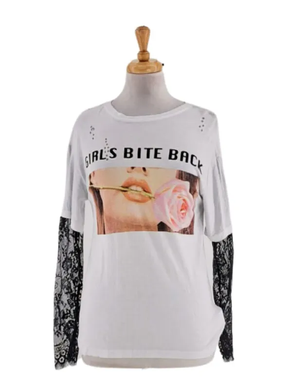 LACE SLEEVE PRINTED T-SHIRT sold by FBO