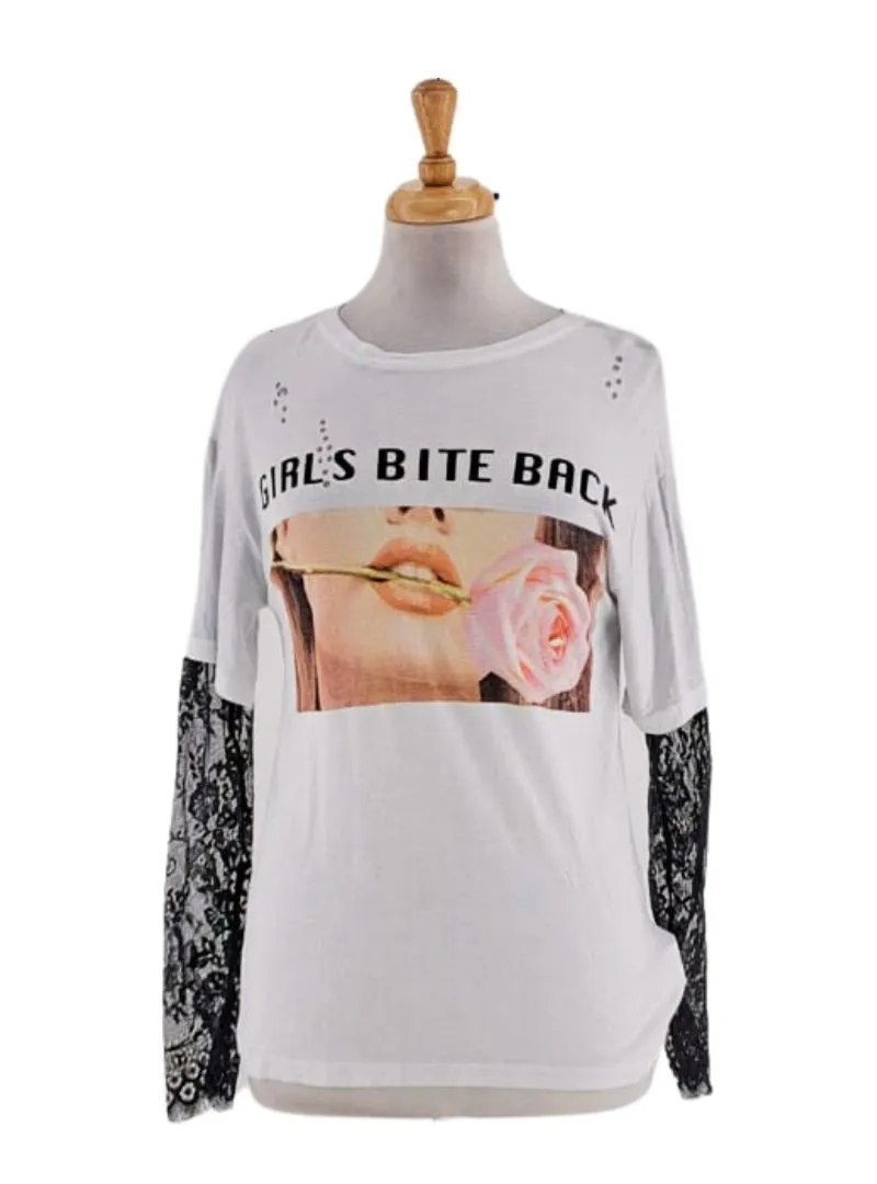 LACE SLEEVE PRINTED T-SHIRT sold by FBO