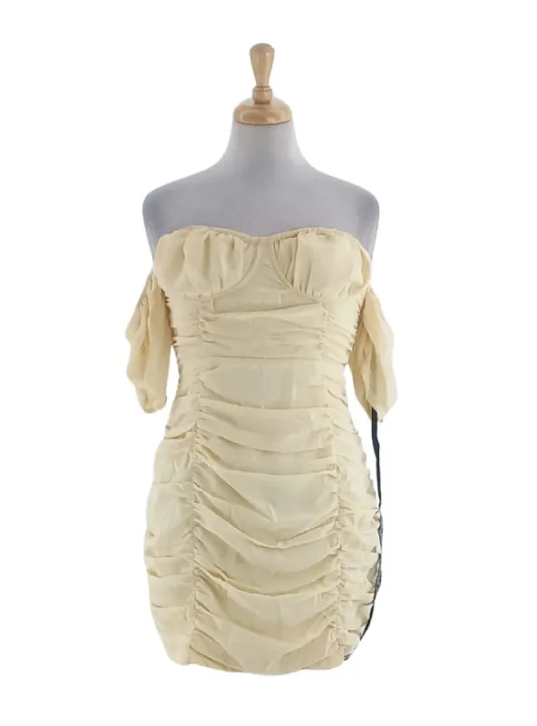 RUCHED OFF THE SHOULDER FITTED DRESS sold by FBO