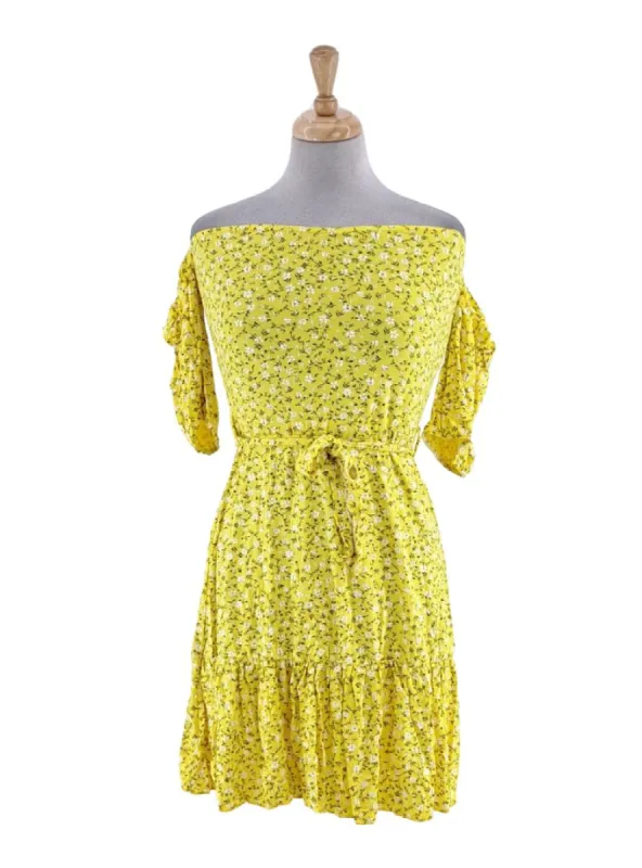 PRINTED DETAILED OFF THE SHOULDER DRESS sold by FBO