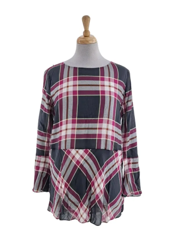CHECKERD FLARE SLEEVE PEPLUM BLOUSE sold by FBO