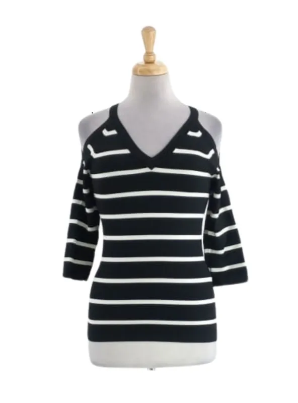 STRIPED DETAIL COLD SHOULDER KNIT TOP sold by FBO