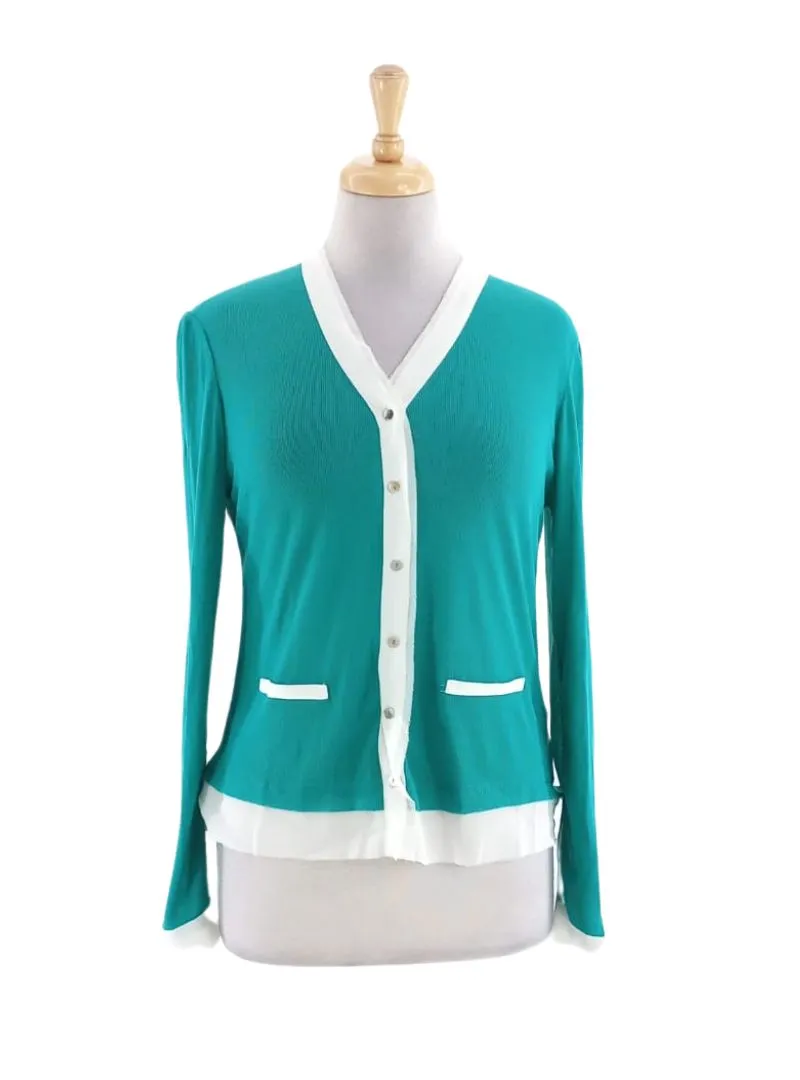 COMBO BUTTON UP KNIT TOP sold by FBO