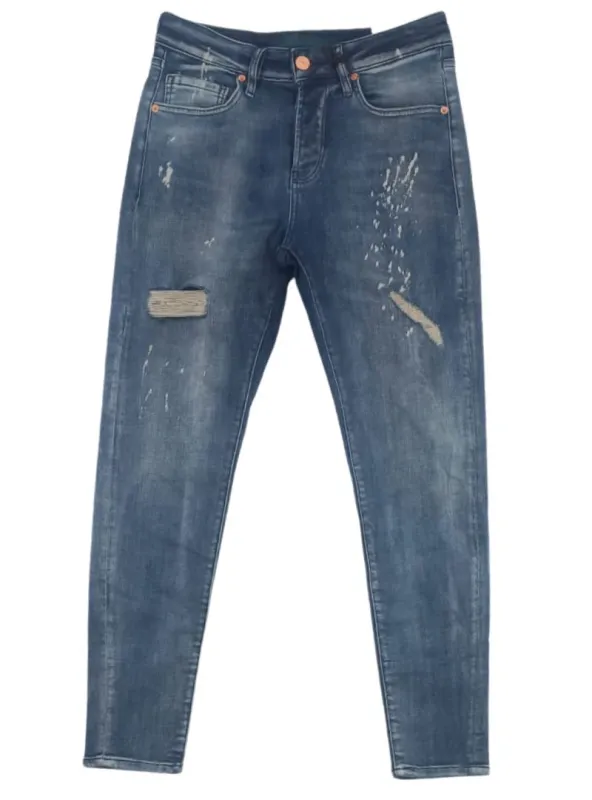 MEDIUM WASH SPLASHED DISTRESSED SKINNY FIT DENIM sold by FBO