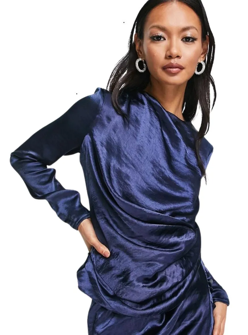 SATIN HIGH DRAPE NECK MAXI DRESS WITH LONG SLEEVES sold by FBO product image thumbnail 3
