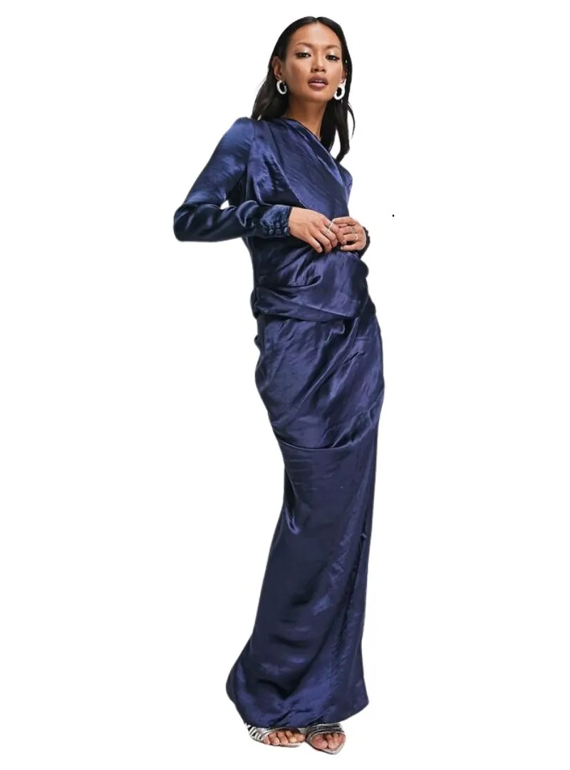 SATIN HIGH DRAPE NECK MAXI DRESS WITH LONG SLEEVES sold by FBO product image thumbnail 4