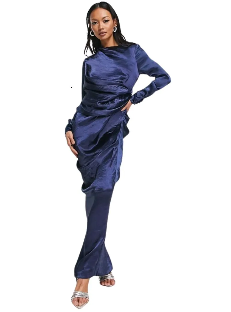 SATIN HIGH DRAPE NECK MAXI DRESS WITH LONG SLEEVES sold by FBO