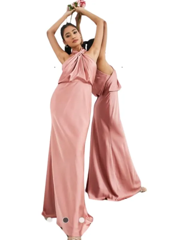 SATIN RUCHED HALTER NECK MAXI DRESS sold by FBO