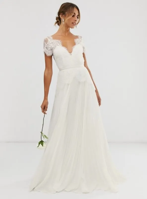 SOPHIA PLUNGE LACE WEDDING DRESS WITH PLEATED SKIRT sold by FBO