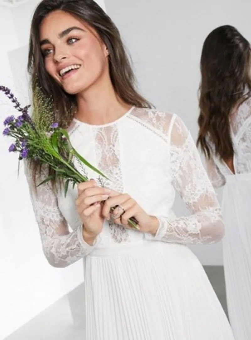 SLEEVE LACE BODICE MAXI WEDDING DRESS PLEATED SKIRT IVORY sold by FBO product image thumbnail 2