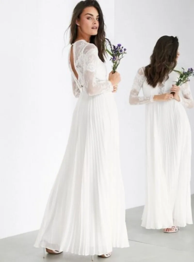 SLEEVE LACE BODICE MAXI WEDDING DRESS PLEATED SKIRT IVORY sold by FBO product image thumbnail 3