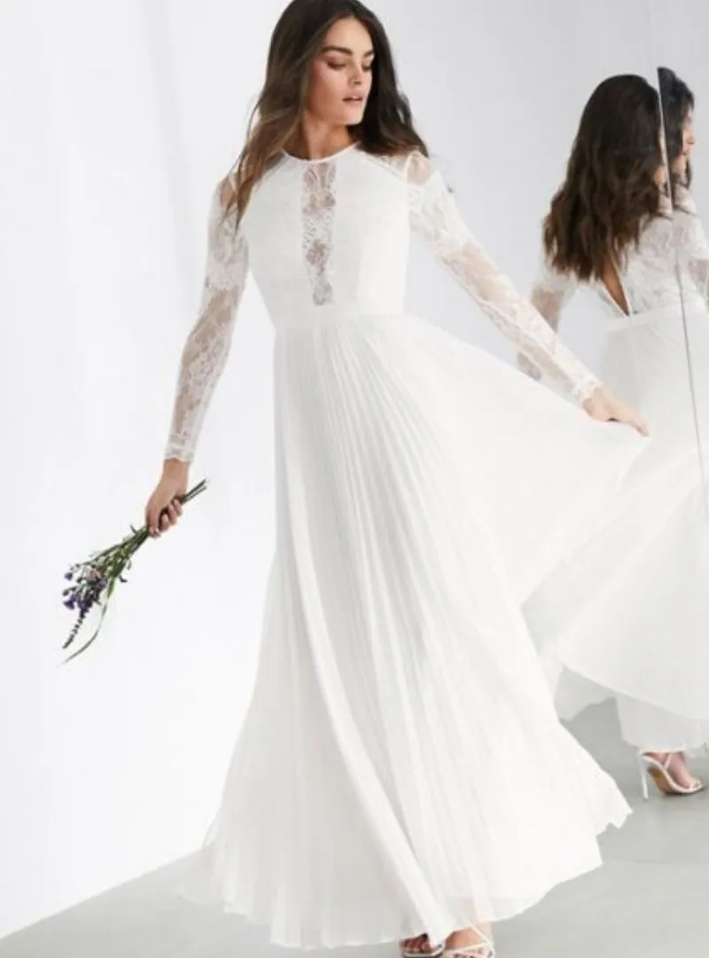 SLEEVE LACE BODICE MAXI WEDDING DRESS PLEATED SKIRT IVORY sold by FBO