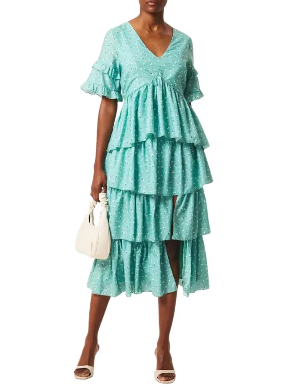 FLORAL SPLIT FRILL MIDI DRESS sold by FBO