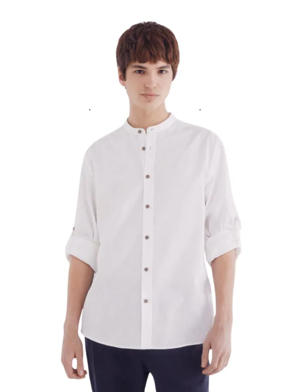 Springfield Mens Linen Collarless Shirt - White sold by FBO
