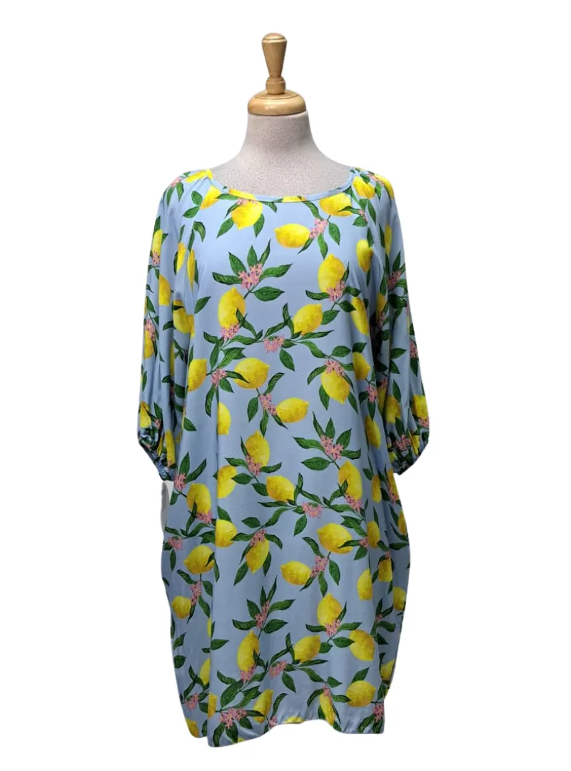Made In Italy Lemon Printed Wisteria Ladies Dress - Blue sold by FBO