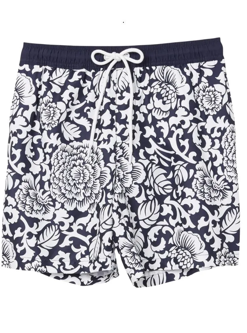 Amazon Essentials Mens Printed Swim Short - Navy/White sold by FBO