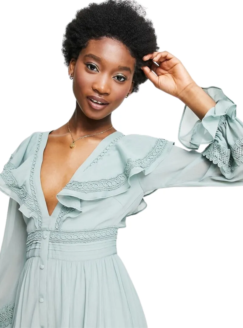 Asos Design Ladies Ruffle Detail Dress - Sage Green sold by FBO product image thumbnail 4