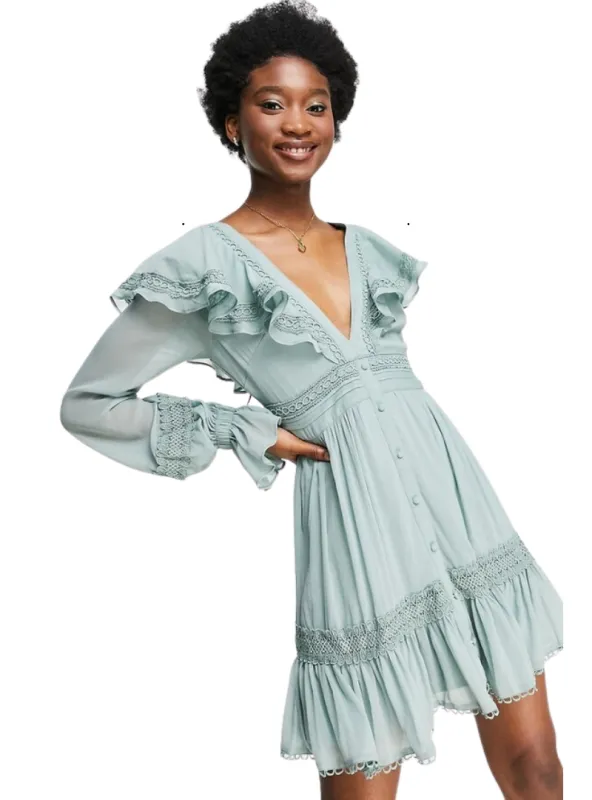 Asos Design Ladies Ruffle Detail Dress - Sage Green sold by FBO