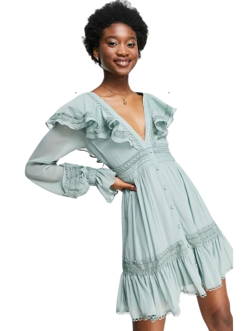 Asos Design Ladies Ruffle Detail Dress - Sage Green sold by FBO