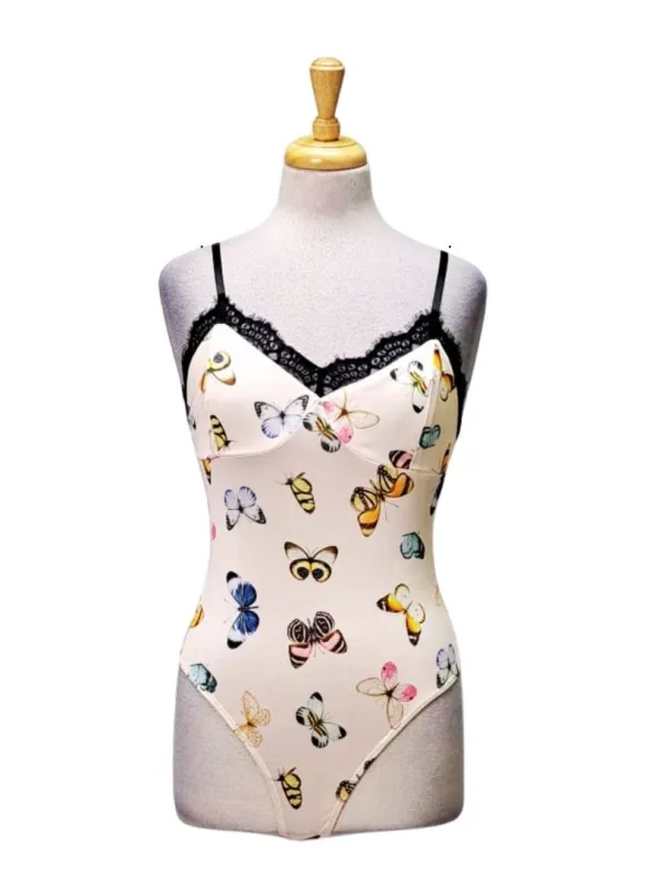 Miss Selfridge Ladies Butterfly Print Bodysuit - Black/Pink/Multicolor sold by FBO