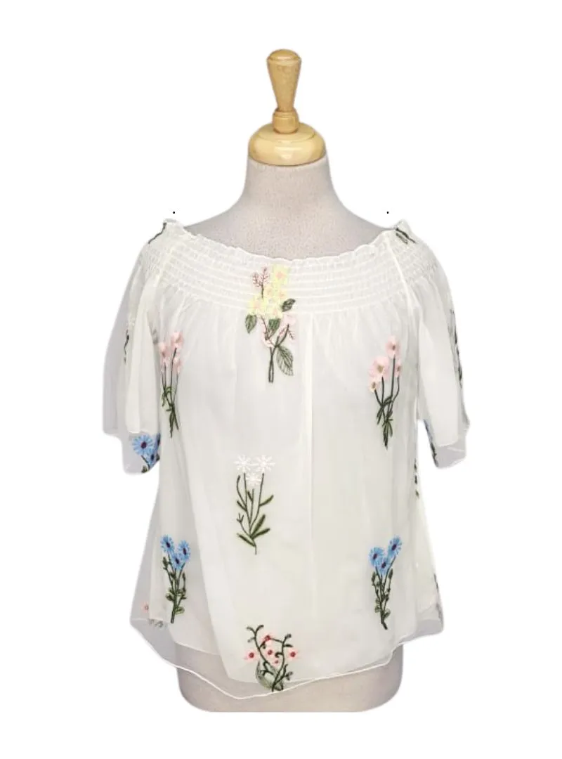 Qed London Ladies Embroidered Blouse - White/Pink/Yellow/Green sold by FBO