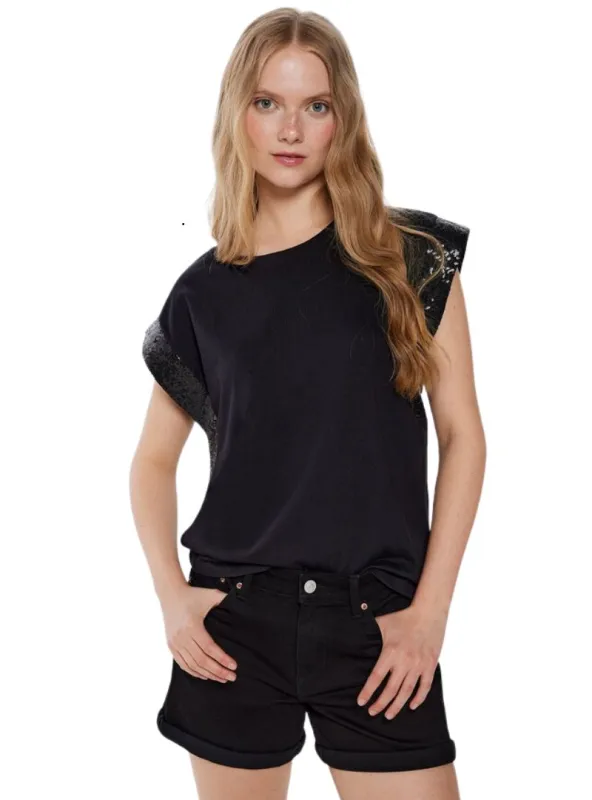 Springfield Ladies Sequins Detail  Tee - Black sold by FBO
