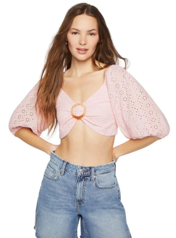 Forever 21 Ladies Eyelet O-Ring Smocked Crop Top - Pink sold by FBO