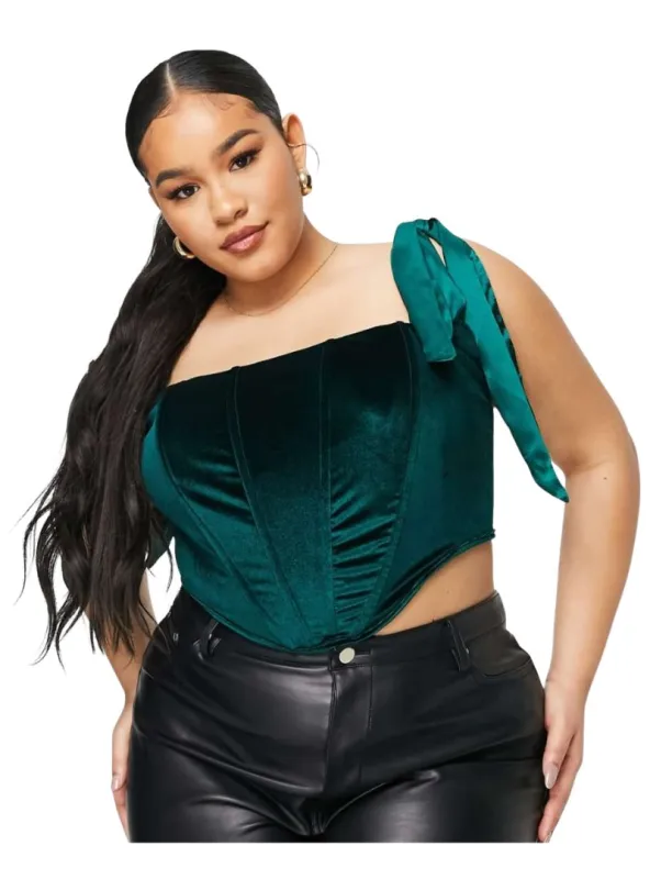 Jaded Rose Ladies Exclusive Tie Shoulder Velvet Corset Top - Green sold by FBO