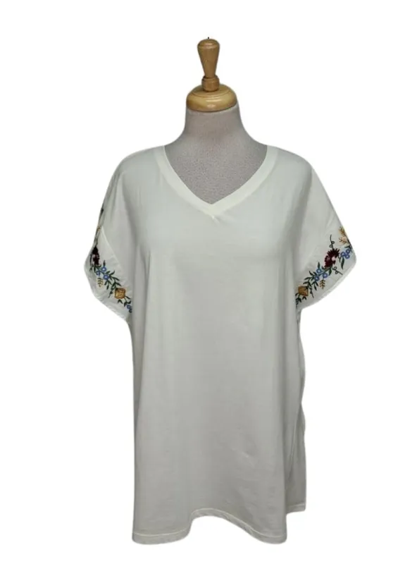 Ulla Popken Ladies V Neck Detailed Sleeve T-shirt - White sold by FBO