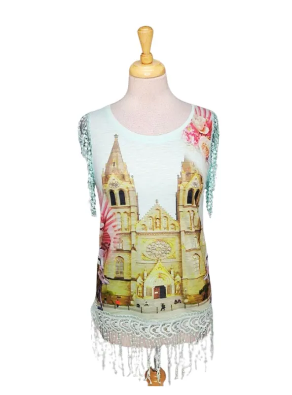 Foglie Rosse Ladies Detailed Sleeve Top - Blue/Green/Pink sold by FBO