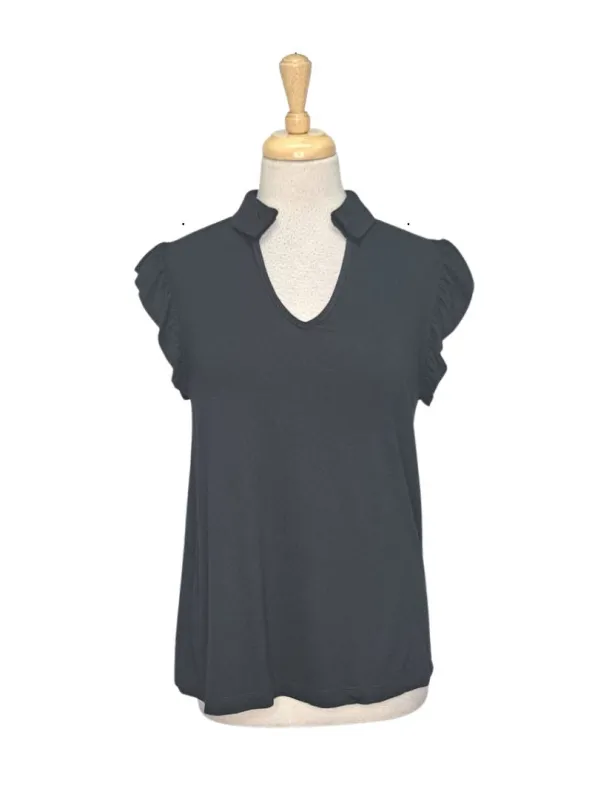 Solene Ladies V Neck Frill Detail Blouse - Black sold by FBO