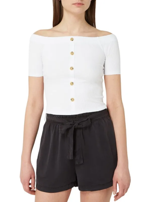 BUTTONED DETAIL OFF THE SHOULDER TOP sold by FBO