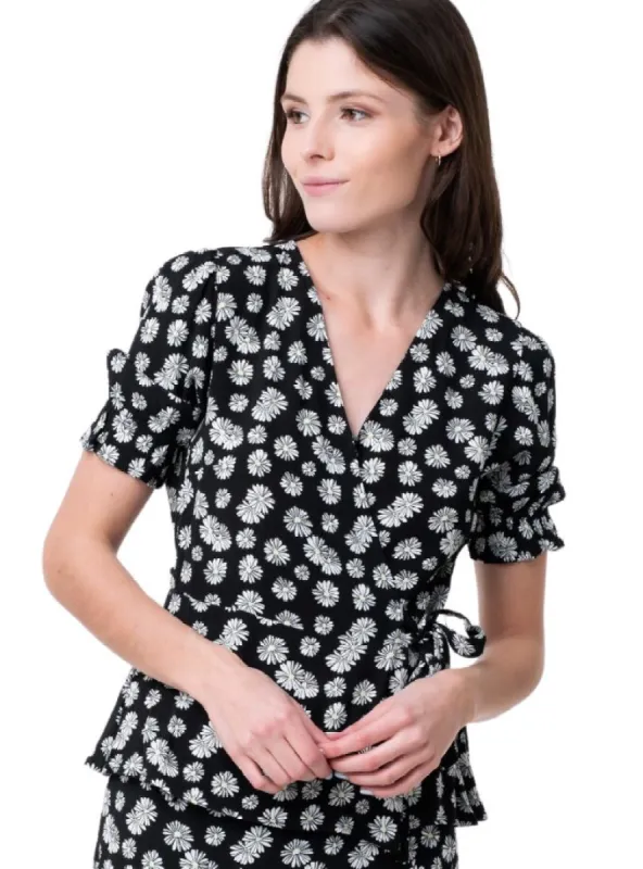 FLORAL DETAILED PUFF SLEEVE WRAP BLOUSE sold by FBO