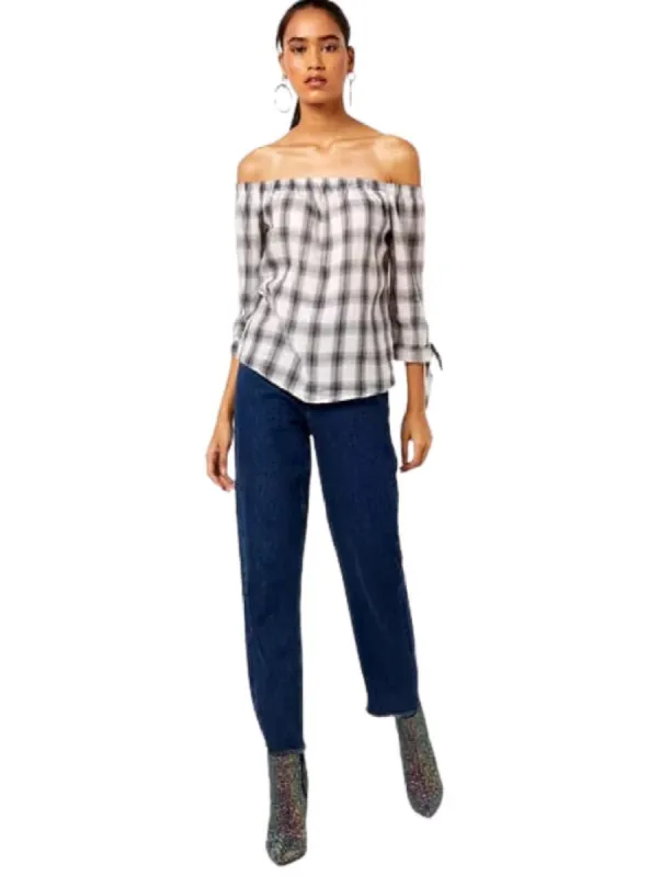 CHECKERD OFF THE SHOULDER TOP sold by FBO