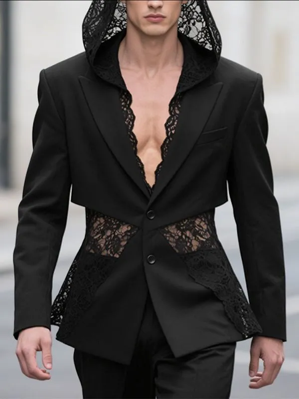 Men's Sheer Lace Patchwork Hooded Long Sleeve Blazer SKUL34017 sold by Incerunmen