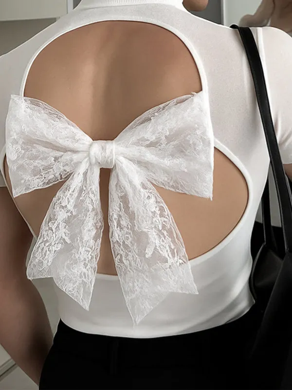 Men's Lace Bow Patchwork Open Back Short Sleeve T-Shirt SKUL37676 sold by Incerunmen product image thumbnail 2