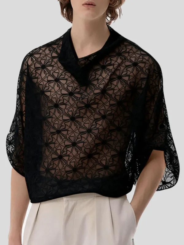 Men's Sheer Lace Draped Collar Long Sleeve T-Shirt SKUL37581 sold by Incerunmen