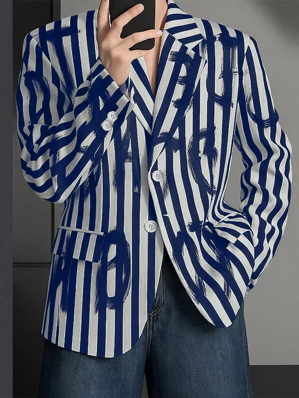 Men's Colorblock Letter Print Striped Long Sleeve Blazer SKUL28382 sold by Incerunmen product image thumbnail 3