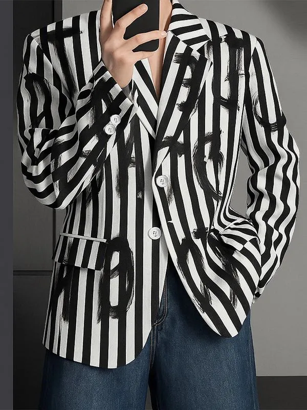 Men's Colorblock Letter Print Striped Long Sleeve Blazer SKUL28382 sold by Incerunmen