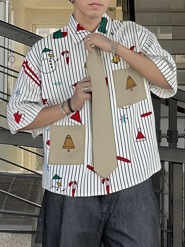 Men's Christmas Print Striped Tie Half Sleeve Shirt SKUL31820 sold by Incerunmen