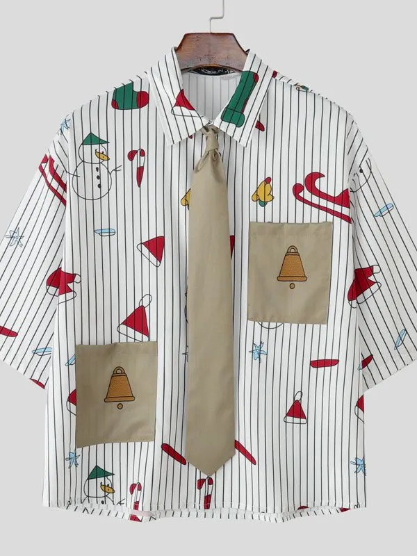 Men's Christmas Print Striped Tie Half Sleeve Shirt SKUL31820 sold by Incerunmen product image thumbnail 4