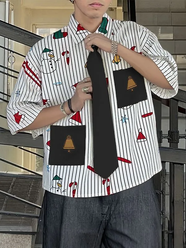 Men's Christmas Print Striped Tie Half Sleeve Shirt SKUL31820 sold by Incerunmen product image thumbnail 3