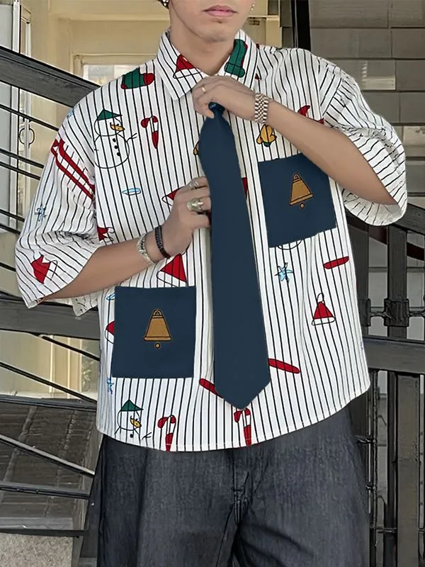 Men's Christmas Print Striped Tie Half Sleeve Shirt SKUL31820 sold by Incerunmen product image thumbnail 2