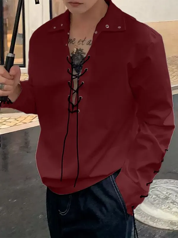 Men's Drawstring Eyelet Long Sleeve Shirt SKUL32839 sold by Incerunmen